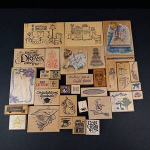 Stampin Up Rubber Stamp Lot on Wood Blocks - Graduation, Halloween and Congrats