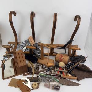 Vintage Assorted Tools & Craft Items - Wooden Hook Rack, & Carving Tools
