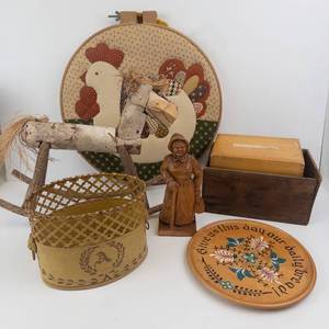 Vintage Folk Art Wood Decor - Patchwork Round Plaque, Carved Figure and metal basket