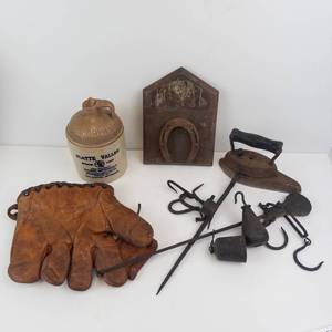 McCormick Platte Valley Jug, Antique Baseball Mitt & Cast Iron Steelyard Scales