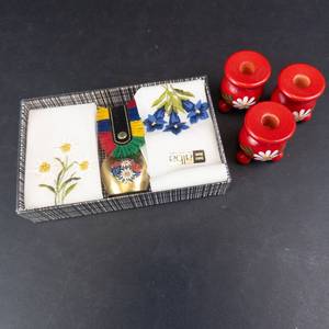 Alba Swiss Gift Set - Brass Cowbell, Embroidered Textiles and Swedish Candle Holders