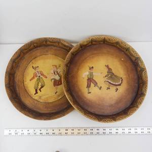 Pair of Vintage Hand-Painted Tin Plates With Dancing Figures - 12-Inch Diameter