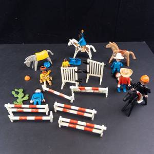 Lot of Vintage Playmobil Assorted Figures & Horses with Fences and Barriers