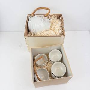 Teapot with Bamboo Wrapped Handle and Matching Teacups in Cardboard Box