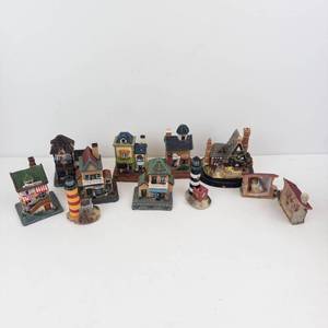 Assorted Hand-Painted Ceramic Village Houses Set - Miniature Town Buildings with Tower & Hotel Sign