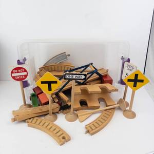 Assorted Wooden Traffic Signs and Track Pieces - Toy Road Set