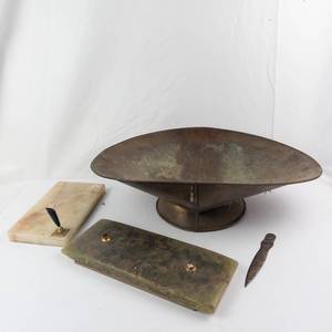 Vintage Brass Desk Scale Pan with Stone Pen Holders & Metal Letter Opener (Lot of 4)