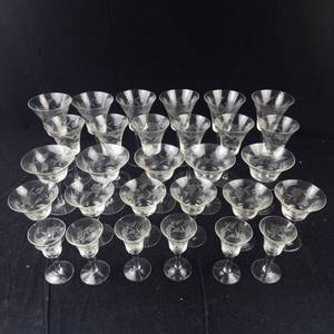 Etched Floral Crystal Champagne Coupes - Large Assorted Glassware Collection for Entertaining