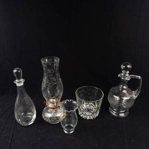 Crystal Glassware Assortment - 2 Decanters, Ice Bucket & Oil Lamp