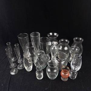 Assorted Glass Vases - Tall Cylinders, Bud Vases, and Etched Leaf Motifs
