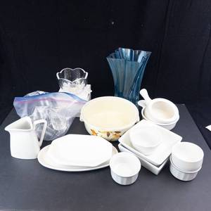 Mikasa Petite Points Glassware Lot - Blue Vase, Bowls & Glasses