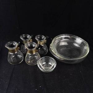 Vintage CorningWare Glass Carafes (Lot of 4) with Black Handles, Gold Bands & Pyrex Dishes