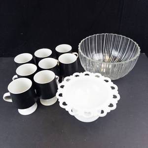 Godinger Crystal Bowl, Milk Glass Bowl & 8 Porcelain Espresso Cups (Lot of 3)