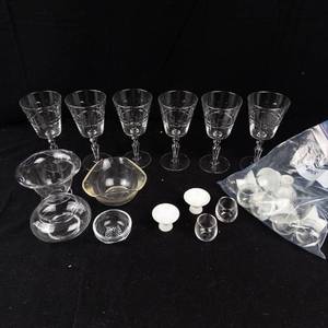 8 Etched Crystal Stemmed Glasses with Bowls & Sake Cups - Glassware Set