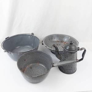 Antique Gray Graniteware Enamelware Set - Pots, Kettle, Colander & Funnel