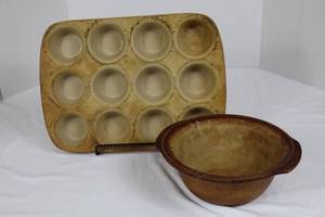 Pampered Chef Stoneware Muffin Pan & Batter Bowl