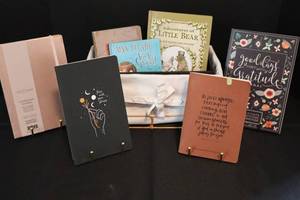 Journals & Childrens Books Mixed Lot in Storage Basket