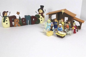 Holiday Decorations Nativity Scene & FRIENDS Snowman Sign