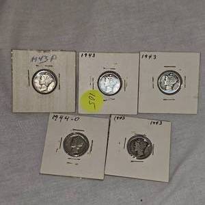 1944D,4PP,43,43,43 Mercury Dimes 10c Lot of 5