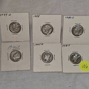 1945D,1945P,1944D,44,44D Mercury Dimes 10c Lot of 6
