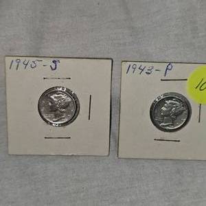 1943P MS60 and 1945S MS60 Mercury Dimes 10c Lot of 2