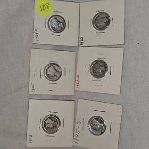 1918,23,25,1935D,1937D,1945S Mercury Dimes 10c Lot of 6