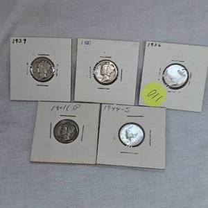 1944S,41P,39,57,1936  Mercury Dimes 10c Lot of 5