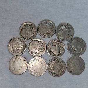10 Buffalo Nickels, 1 V Nickel, 5c