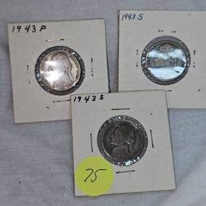 1943S, 1943S,1943P Jefferson War Nickels