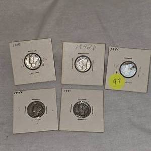1941,41,40,42P,42 Mercury Dimes 10c(qty5)
