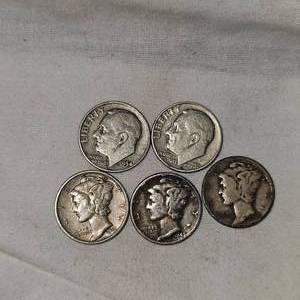 1954.1951 Roosevelts and 1941,45,42 Mercury Dimes, Lot of 5