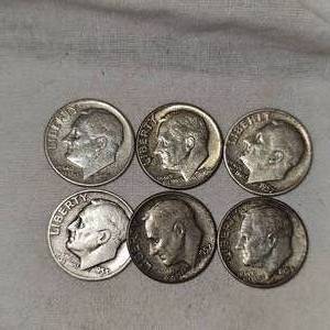 1964.1953.1957.1954.1957. 1956 Roosevelt Dimes 10c, Lot of 6