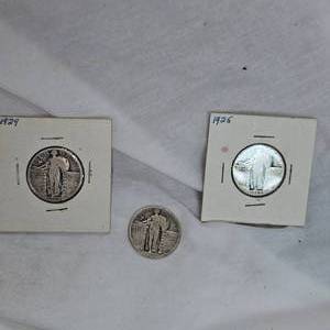 1925 Smoothi, 1929 Standing Liberty Quarters 25c, Lot of 3