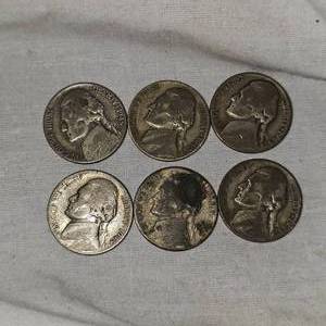 1942,43,43,45,45,45 Jefferson Nickels 5c