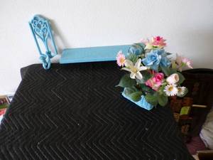Set of 3 - Country Blue Shelf, Hanging Candle Holder & Basket with Artificial Flowers