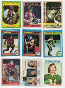 Lot Of 9 Vintage Hockey Cards Including 1973 Topps #30 Barry Gibbs NHL All Stars West, 1975-76 Topps #124 Fred Barrett, and More