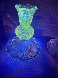 Set of vintage Fenton glass daisy and button candlestick holders. GLOWS