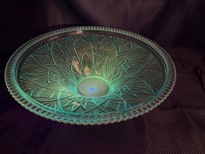 Windsor button & can blue pressed glass bowl glows