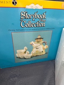Vintage storybook village mother goose teapot and cups
