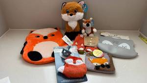 Fox Themed Kids Gift Lot Plush Backpack, Mittens, Pouch, Pacifier, Bib and Plush Toys Decor Assorted