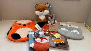 Fox Themed Kids Gift Lot Plush Backpack, Mittens, Pouch, Pacifier, Bib and Plush Toys Decor Assorted