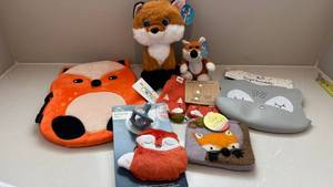 Fox Themed Kids Gift Lot Plush Backpack, Mittens, Pouch, Pacifier, Bib and Plush Toys Decor Assorted
