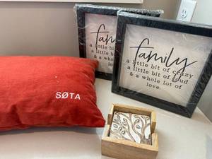Home Decor Lot Framed Family Signs Pillow Coaster Set Good