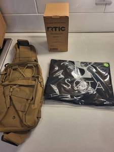 RTIC Graphite Tumbler in Box - MOLLE Sling Bag & SOTA Tee (Assorted Outdoor Gear)