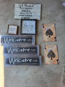 Assorted Wall Signs - Get Naked Half Bath, Family Sign, Welcome-ish & Ace Spades Cards