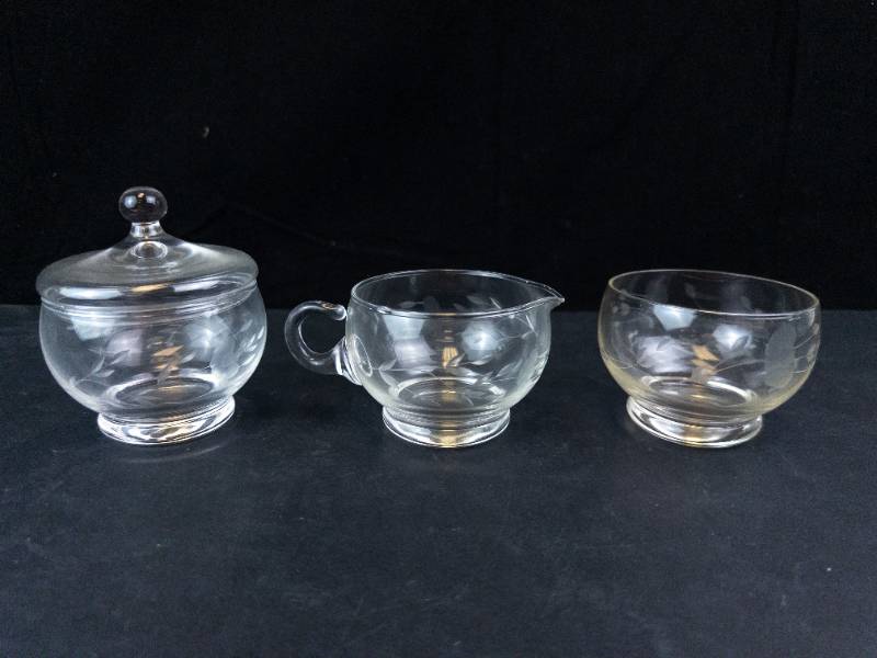 Princess House Heritage Pattern Crystal Creamer & Sugar Bowl Set (Lot of 3)