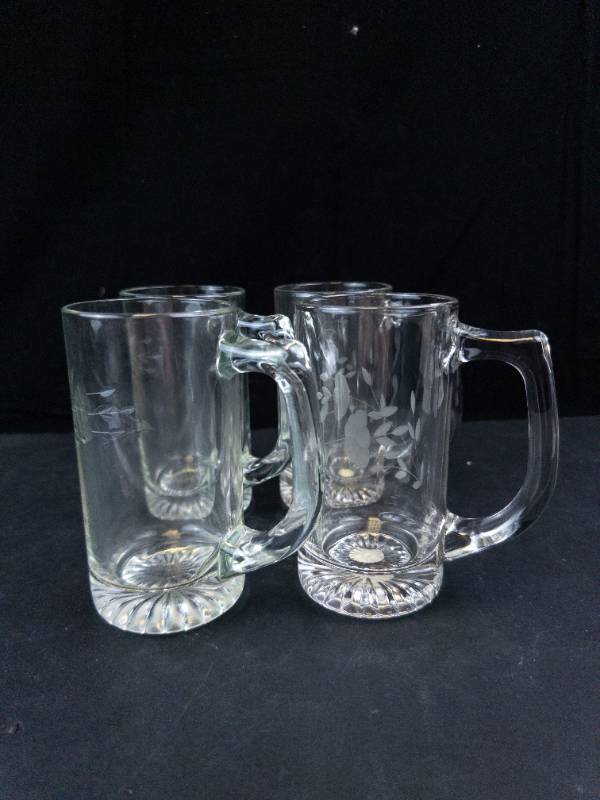 Princess House Clear Glass Mugs with Etched Leaf Pattern