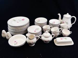 Scio Dorset Porcelain Dinnerware Set - Pink Rose on White with Platinum Trim-NO SHIPPING