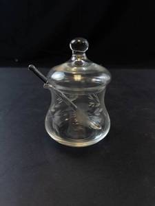 Princess House Etched Condiment Jar with Lid and Glass Spoon