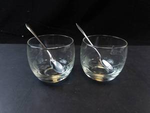 Princess House Etched Glass Condiment Bowls with Spoons (Lot of 2)